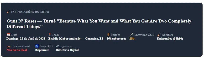 Cartaz promocional do show do Guns N' Roses no Estádio Kleber Andrade em abril de 2026, destacando informações para fãs de Guarapari.