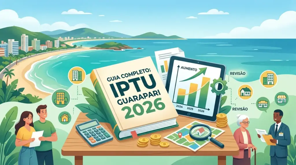Fachada da Prefeitura de Guarapari com elementos gráficos representando o carnê do IPTU 2026 e a balança da justiça.