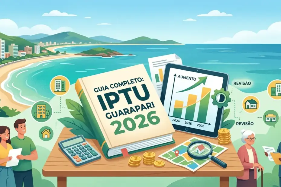 Fachada da Prefeitura de Guarapari com elementos gráficos representando o carnê do IPTU 2026 e a balança da justiça.