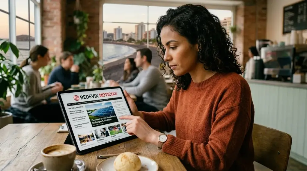 Mulher jovem em um café em frente à praia utilizando um tablet para ler notícias de Guarapari no Portal Redevix, com foco em informações locais e cotidiano.