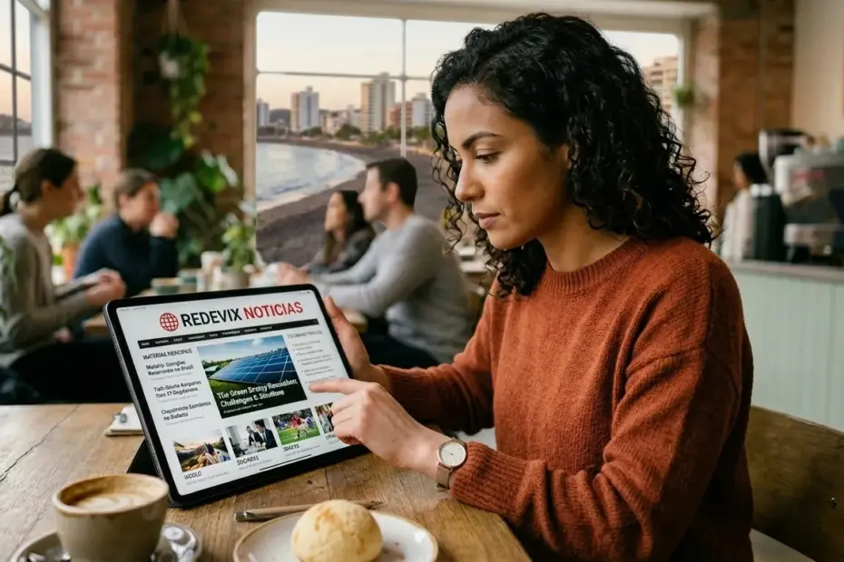Mulher jovem em um café em frente à praia utilizando um tablet para ler notícias de Guarapari no Portal Redevix, com foco em informações locais e cotidiano.