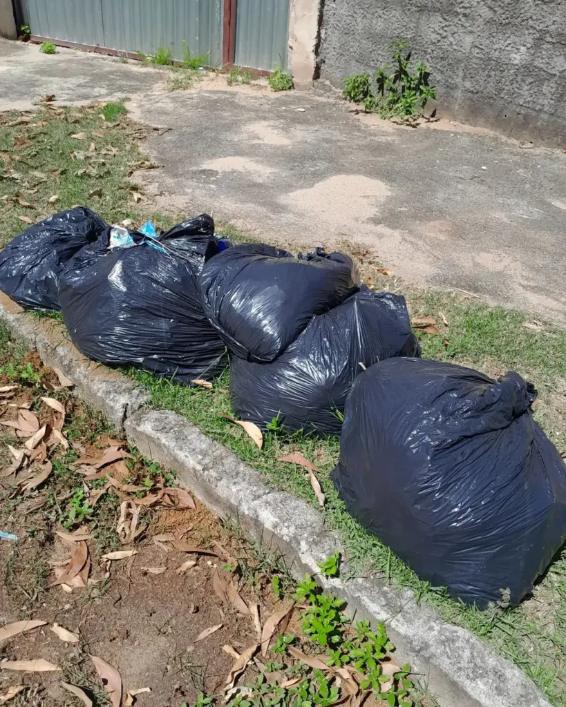 Mato alto e sacos de lixo pretos acumulados na calçada ao lado de um portão de ferro, ilustrando a falha na limpeza urbana em Guarapari.