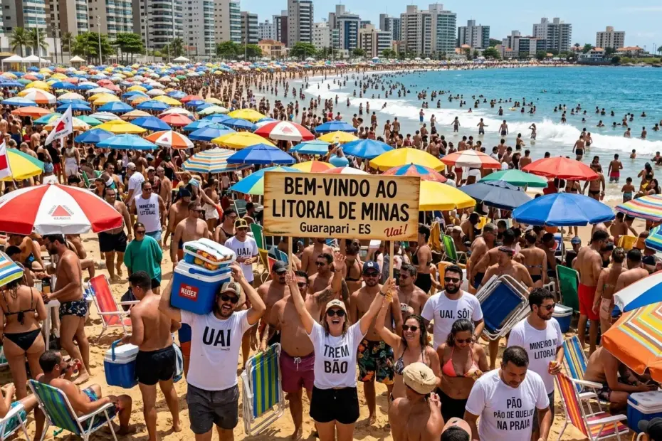 Grupo de mineiros em Guarapari aproveitando o dia de sol na areia da Praia do Morro.