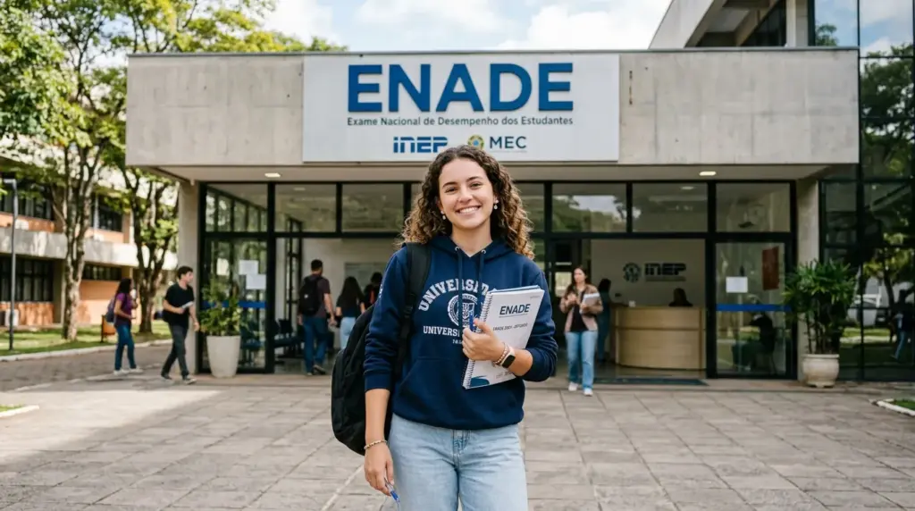 Estudante universitário analisando as Notícias do Enade hoje em um tablet, com o cronograma do exame ao fundo.
