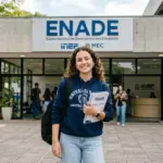Estudante universitário analisando as Notícias do Enade hoje em um tablet, com o cronograma do exame ao fundo.