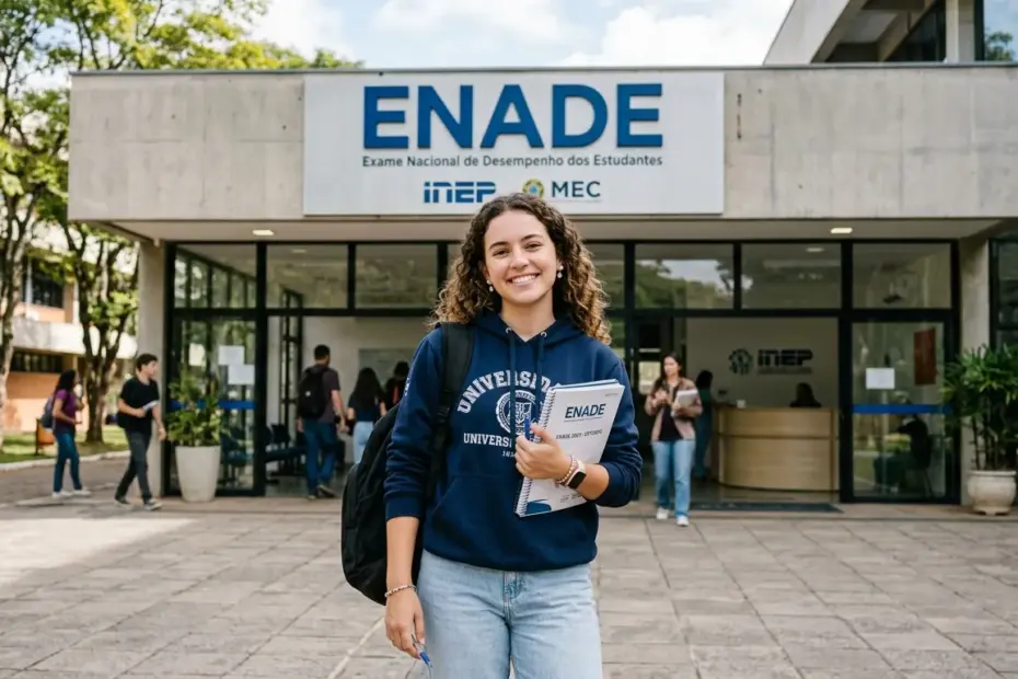 Estudante universitário analisando as Notícias do Enade hoje em um tablet, com o cronograma do exame ao fundo.