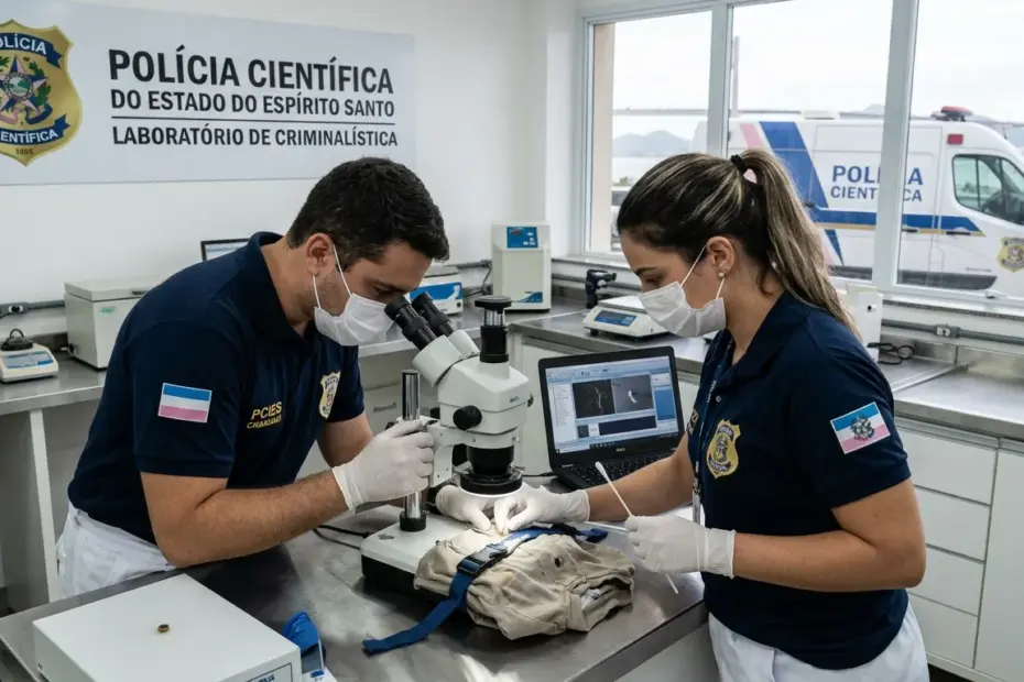 Dois peritos criminais da Polícia Científica do Espírito Santo, usando máscaras e luvas, analisam evidências em um microscópio dentro do laboratório de criminalística. Ao fundo, uma viatura da instituição é visível pela janela.