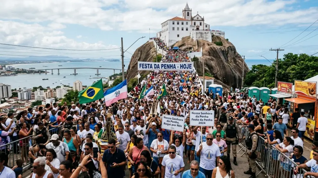 Multidão de fiéis com bandeiras do Brasil e do Espírito Santo durante a subida ao Convento para a Programação Festa da Penha 2026 no Dia da Padroeira.