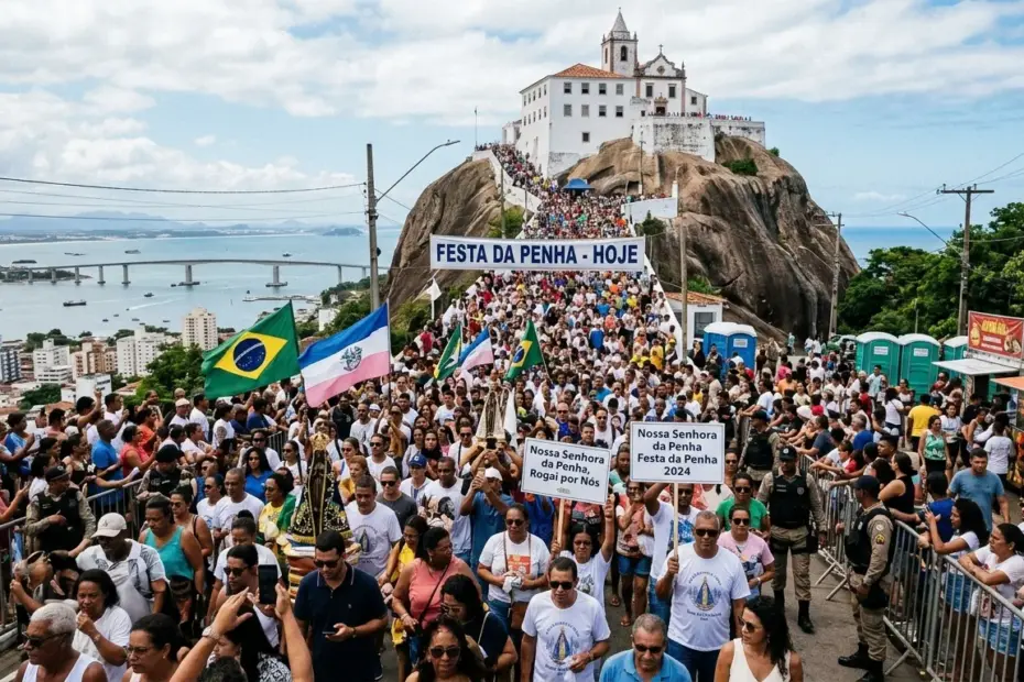 Multidão de fiéis com bandeiras do Brasil e do Espírito Santo durante a subida ao Convento para a Programação Festa da Penha 2026 no Dia da Padroeira.