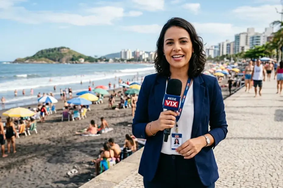 Repórter da Rede Vix sorridente, segurando microfone com logo da emissora, em frente à Praia do Morro em Guarapari com banhistas e guarda-sóis ao fundo sob céu azul.