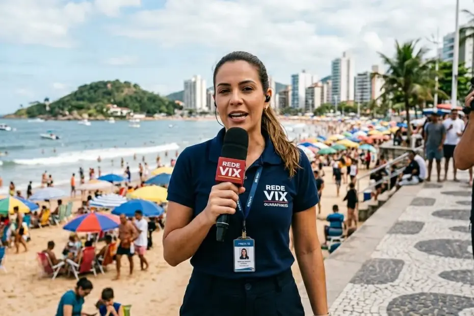 Repórter do Portal RedeVix realizando cobertura jornalística na Praia do Morro em Guarapari sobre as notícias deste domingo de abril de 2026.