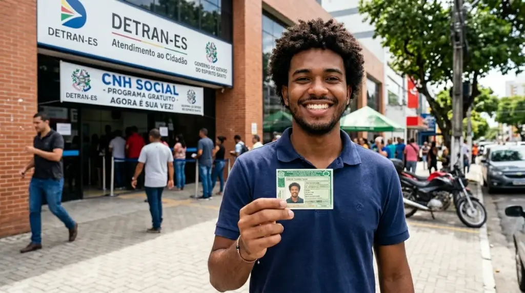 Jovem sorridente segurando a Carteira Nacional de Habilitação em frente a uma unidade do Detran ES para celebrar a lista de selecionados CNH Social 2026 ES..