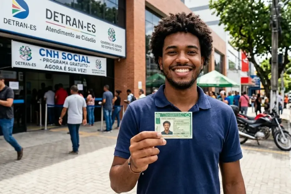 Jovem sorridente segurando a Carteira Nacional de Habilitação em frente a uma unidade do Detran ES para celebrar a lista de selecionados CNH Social 2026 ES..