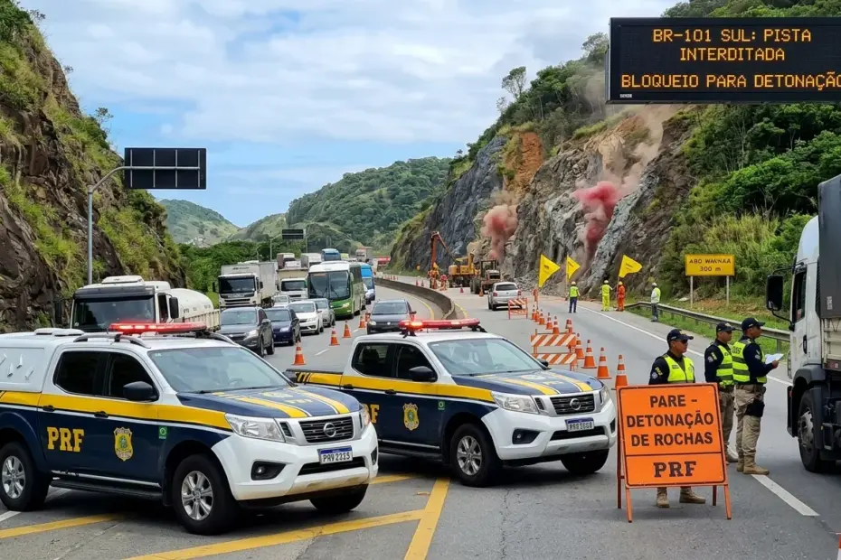 Trecho da BR-101 em Anchieta durante o monitoramento do Trânsito em Guarapari hoje, local da interdição total às 12h.