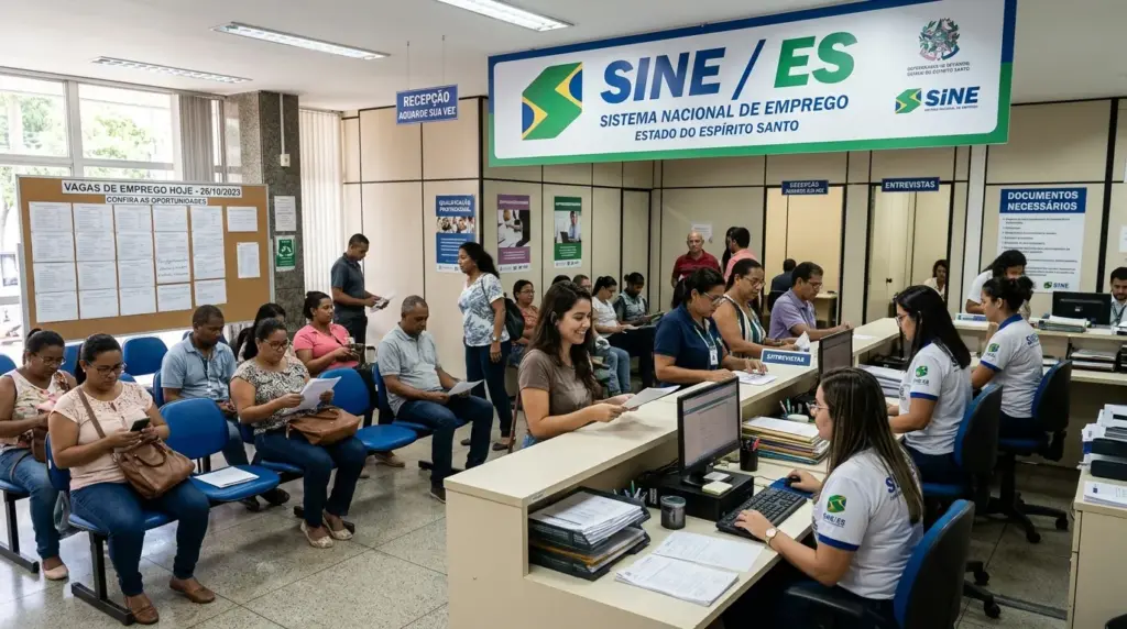 Vagas de Emprego em Guarapari: Interior da agência do SINE de Anchieta com pessoas sentadas aguardando atendimento e funcionários em guichês de recepção, entrevistas e documentos sob um grande painel azul e verde do Sistema Nacional de Emprego.