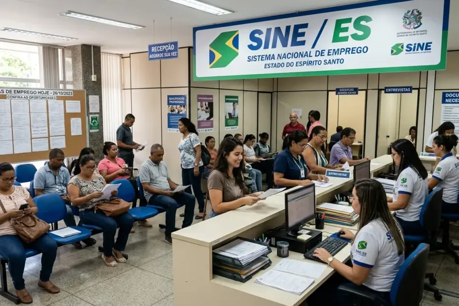 Interior da agência do SINE de Anchieta com pessoas sentadas aguardando atendimento e funcionários em guichês de recepção, entrevistas e documentos sob um grande painel azul e verde do Sistema Nacional de Emprego.
