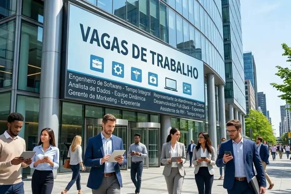 Painel digital exibindo Vagas de Emprego em Guarapari Anchieta e Alfredo Chaves com profissionais em busca de oportunidades em 2026.