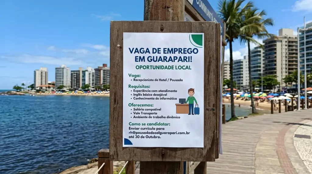 Anúncio de vagas de emprego em Guarapari com ícones de WhatsApp e currículo, destacando oportunidades de abril de 2026.