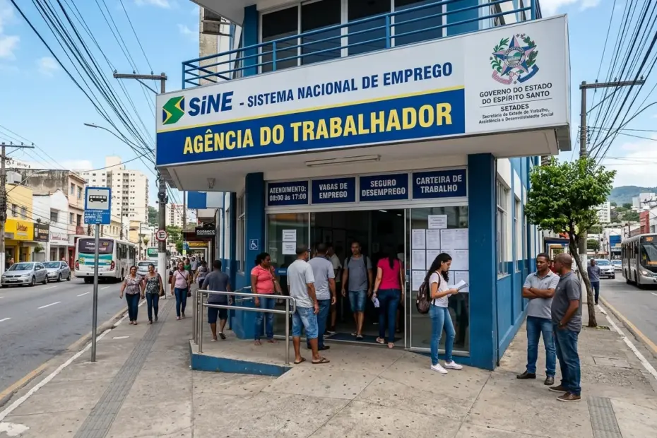 Pessoas em uma agência do SINE consultando o painel de vagas de emprego Espírito Santo SINE e aguardando atendimento.