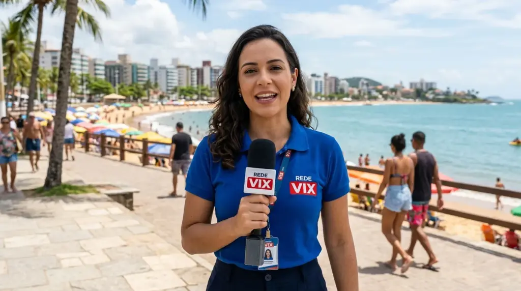 Repórter do Portal Redevix com microfone realizando cobertura externa sobre vagas de emprego Guarapari Anchieta Alfredo Chaves e notícias regionais.