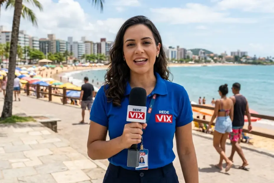Repórter do Portal Redevix com microfone realizando cobertura externa sobre vagas de emprego Guarapari Anchieta Alfredo Chaves e notícias regionais.