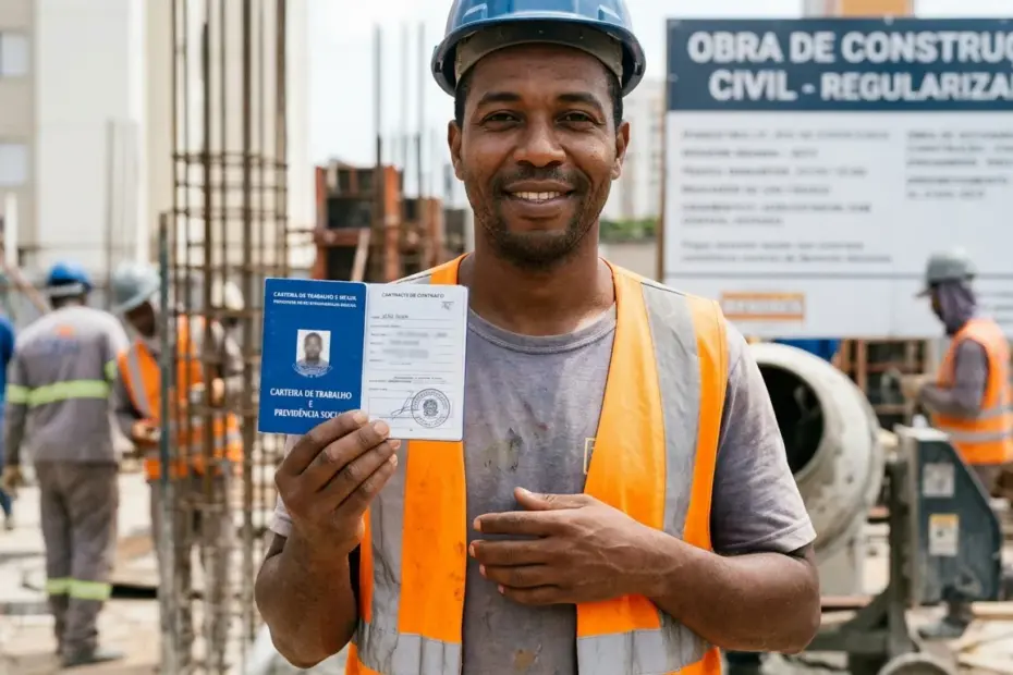 Trabalhador brasileiro sorrindo em canteiro de obras segurando a carteira de trabalho para vagas em Guarapari.