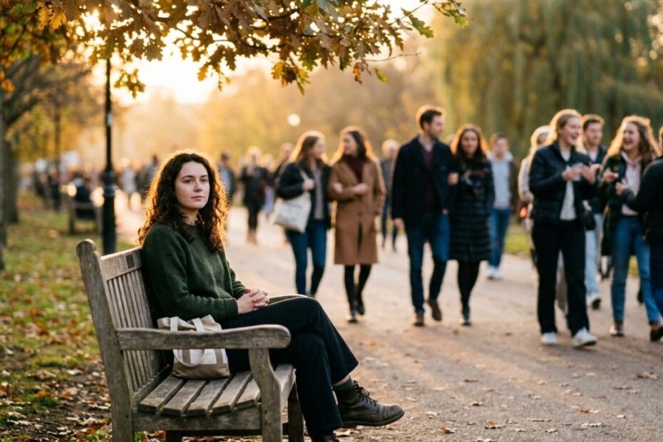 Adultos sem amizades em ambiente social, ilustrando a falta de laços sociais e suas consequências na saúde mental.
