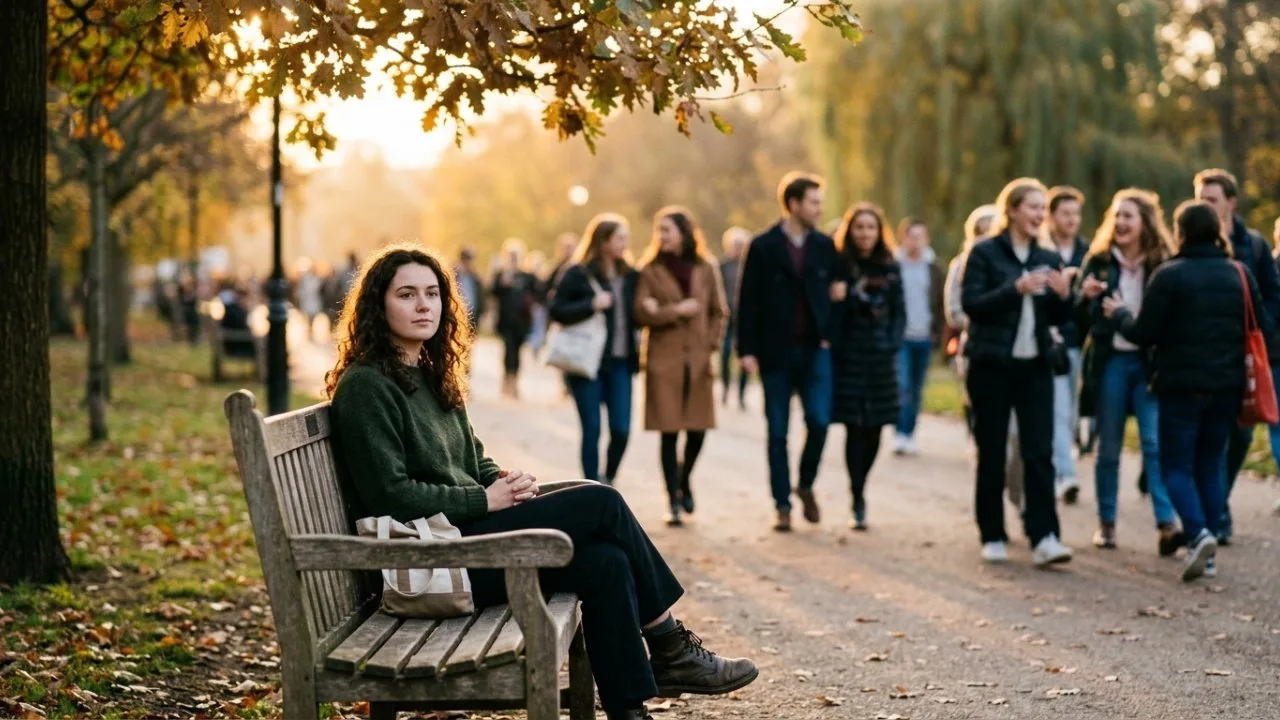 Adultos sem amizades em ambiente social, ilustrando a falta de laços sociais e suas consequências na saúde mental.