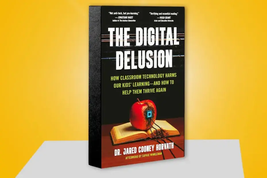Capa do livro "The Digital Delusion" de Jared Cooney Horvath, que discute tecnologia nas escolas e seu impacto no desempenho.