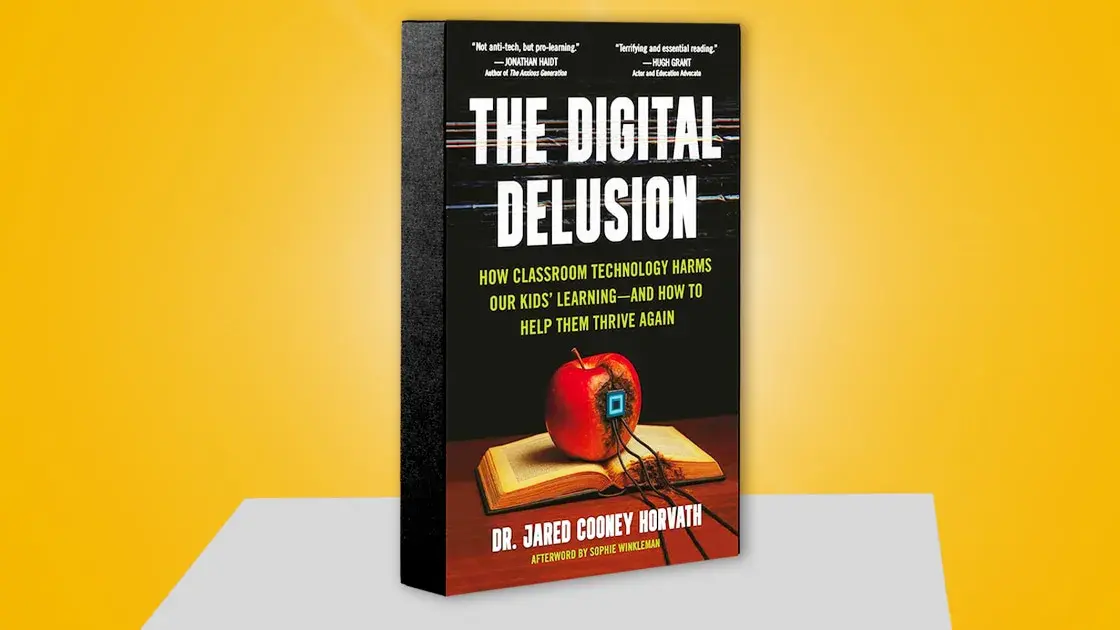 Capa do livro "The Digital Delusion" de Jared Cooney Horvath, que discute tecnologia nas escolas e seu impacto no desempenho.