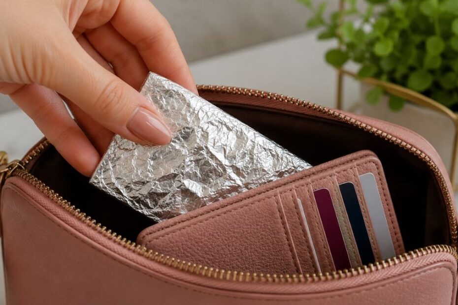 "Ilustração de papel-alumínio dentro de uma bolsa, simbolizando proteção de cartões contactless contra fraudes."
