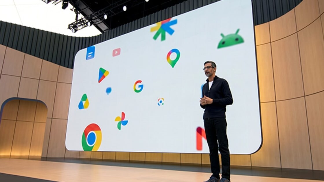 "Imagem da conferência Google I/O 2023, onde foi anunciada a nova busca com respostas geradas por inteligência artificial."