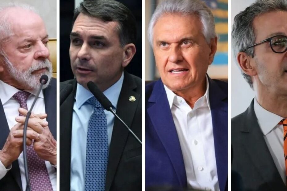 Imagem de Lula, Flávio Bolsonaro, Ronaldo Caiado e Romeu Zema, candidatos em pesquisa eleitoral para presidência.