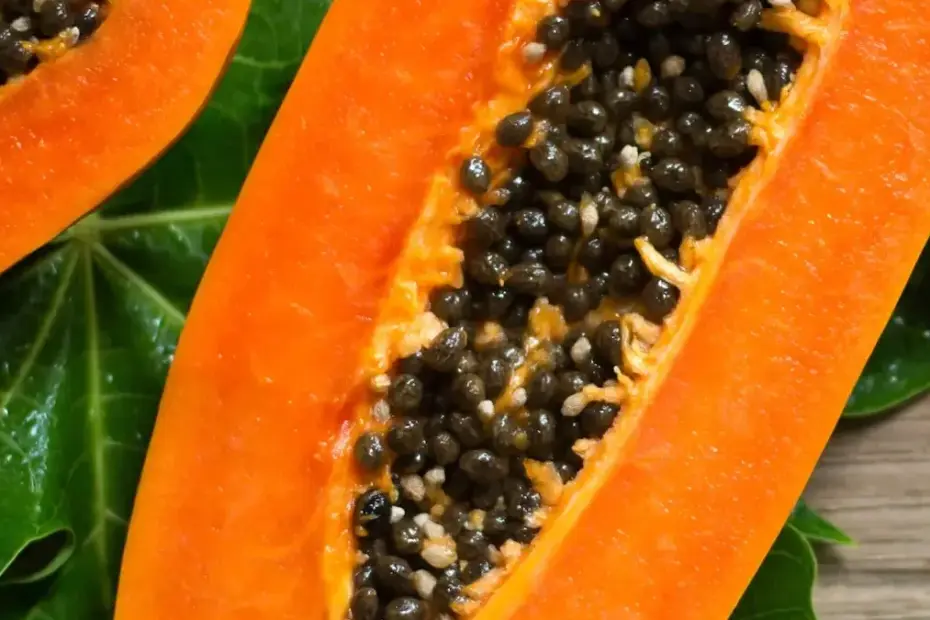 Imagem de mamão fresco cortado, destacando sua polpa laranja vibrante e sementes, simbolizando saúde e bem-estar.