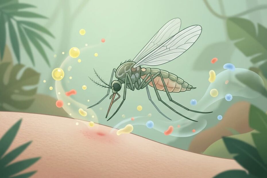 Imagem de mosquito transmissor da febre do Oropouche, destacando sintomas como dores de cabeça e febre alta.