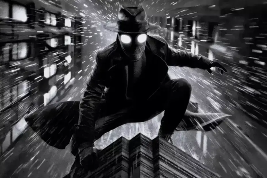 Imagem de Spider-Noir, o Homem-Aranha dos anos 30, com Nicolas Cage, em uma Nova York sombria e estilizada.