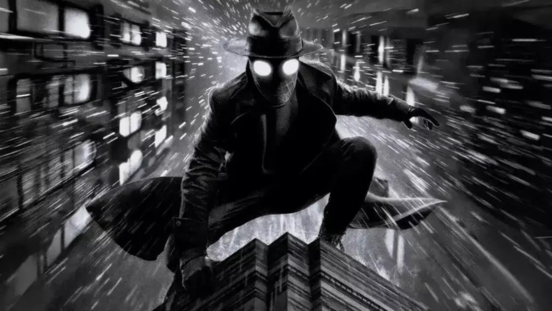 Imagem de Spider-Noir, o Homem-Aranha dos anos 30, com Nicolas Cage, em uma Nova York sombria e estilizada.