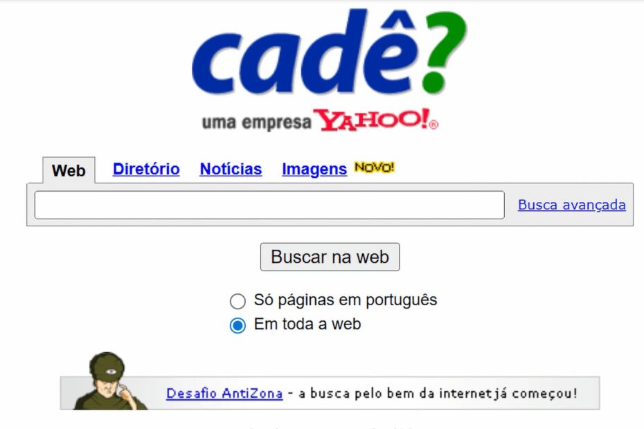 Imagem de um logotipo vintage do Cadê?, símbolo da nostalgia da internet brasileira dos anos 90 e sua evolução.