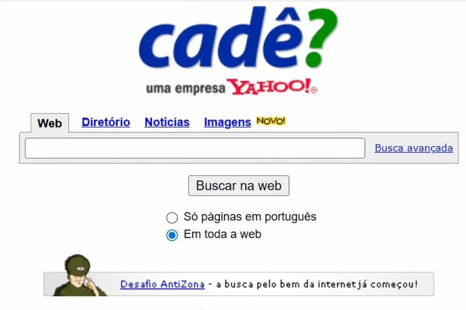 Imagem de um logotipo vintage do Cadê?, símbolo da nostalgia da internet brasileira dos anos 90 e sua evolução.