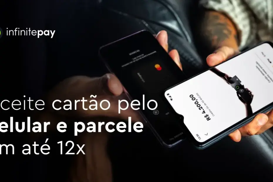 Imagem de um smartphone exibindo o aplicativo InfinitePay, permitindo pagamentos por aproximação com taxa a partir de 0,75%.