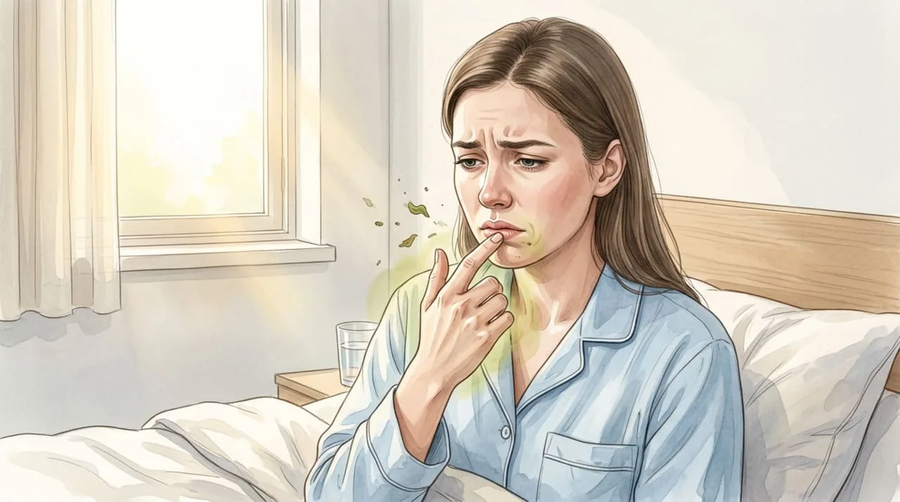 Imagem de uma pessoa acordando com expressão desconfortável, mostrando boca amarga e língua esbranquiçada, sinalizando sintom