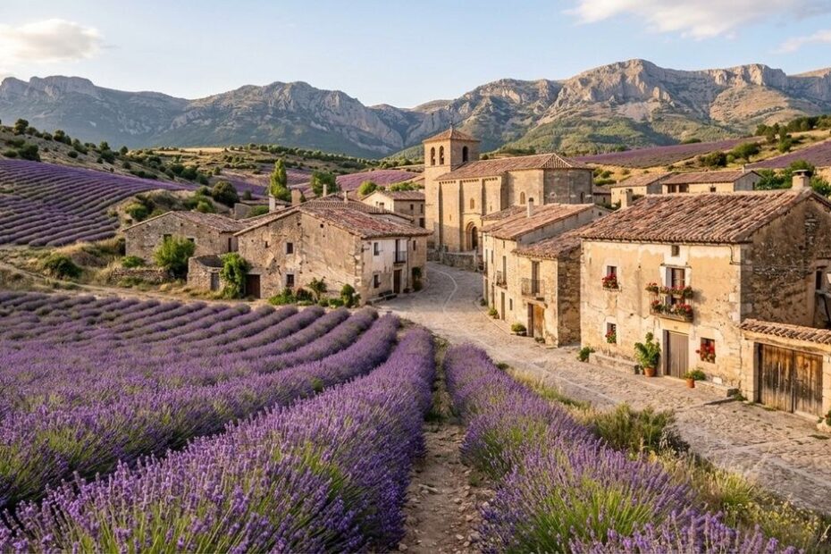 Imagem de uma vila nas montanhas, destacando casas aconchegantes, natureza exuberante e um convite para novos moradores.