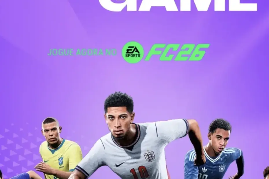 Imagem do jogo EA Sports FC 26, destacando a seleção brasileira em um torneio da Copa do Mundo 2026 sem licença da Fifa.