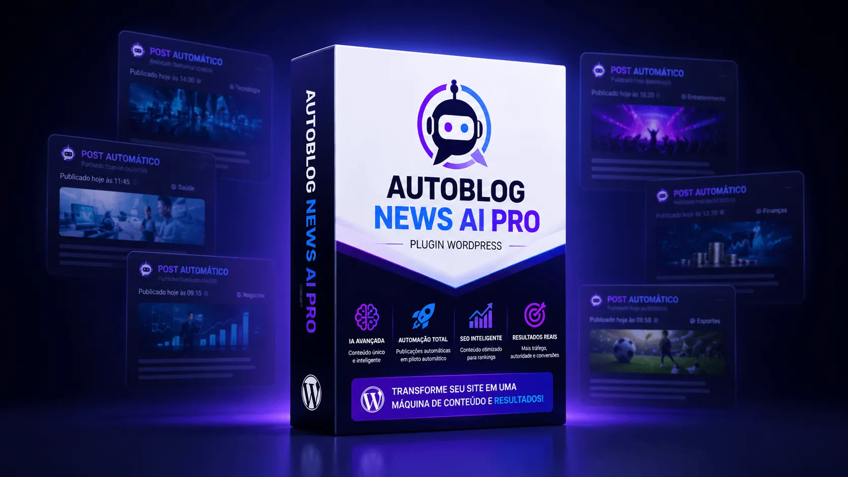 "Imagem do plugin AutoBlog News AI Pro, otimizando produção de conteúdo e SEO para WordPress com inteligência artificial."