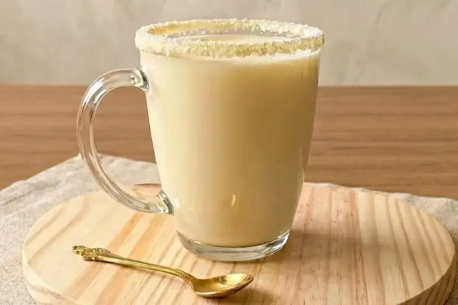 Leite Ninho quente cremoso servido em um copo transparente, com espuma e um toque de canela por cima.