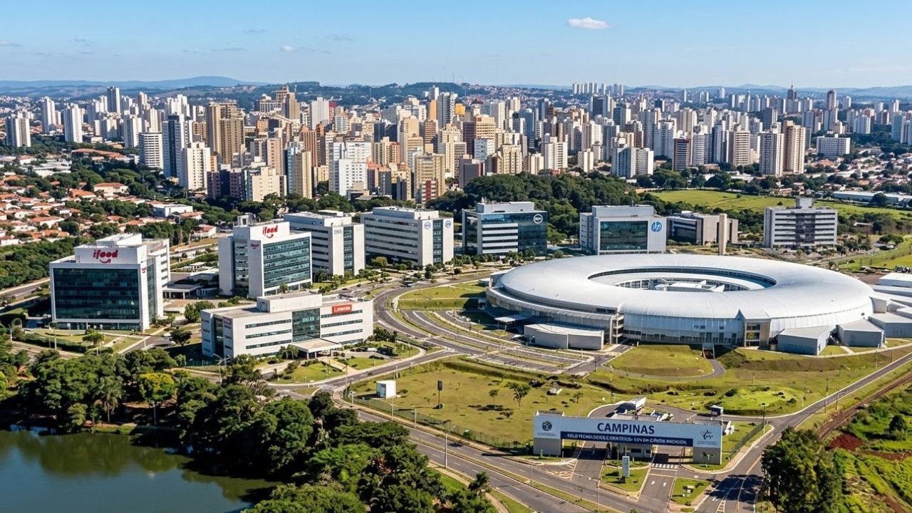"Vista panorâmica de Campinas, metrópole de ciência e tecnologia, simbolizando inovação e produção científica no Brasil."