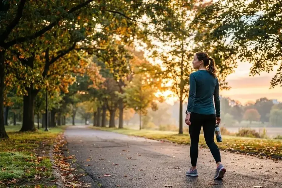 Caminhante em parque urbano aproveitando uma hora de caminhada diária para melhorar a saúde.