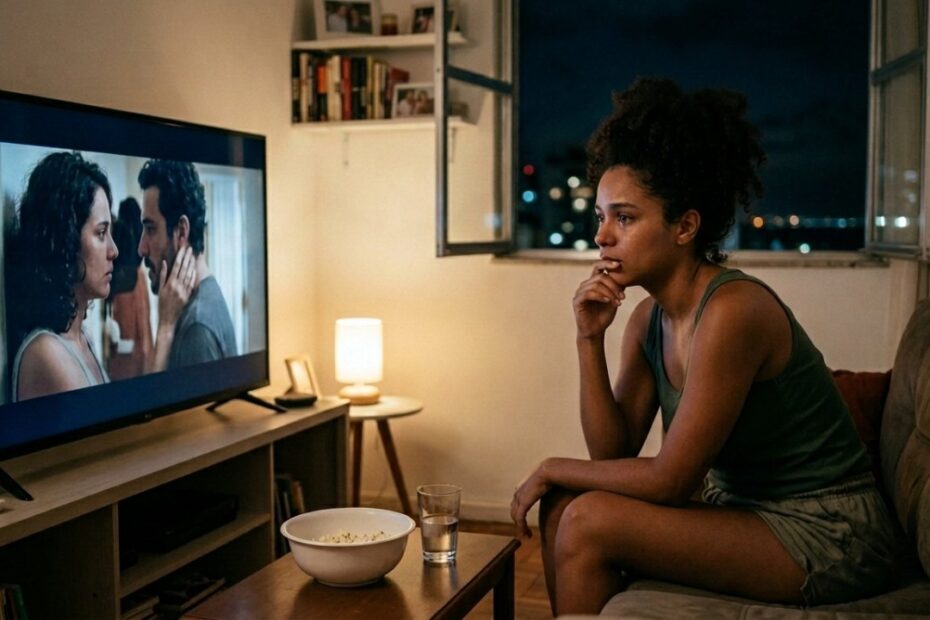 Cena de uma pessoa assistindo a um filme profundo em um ambiente aconchegante.
