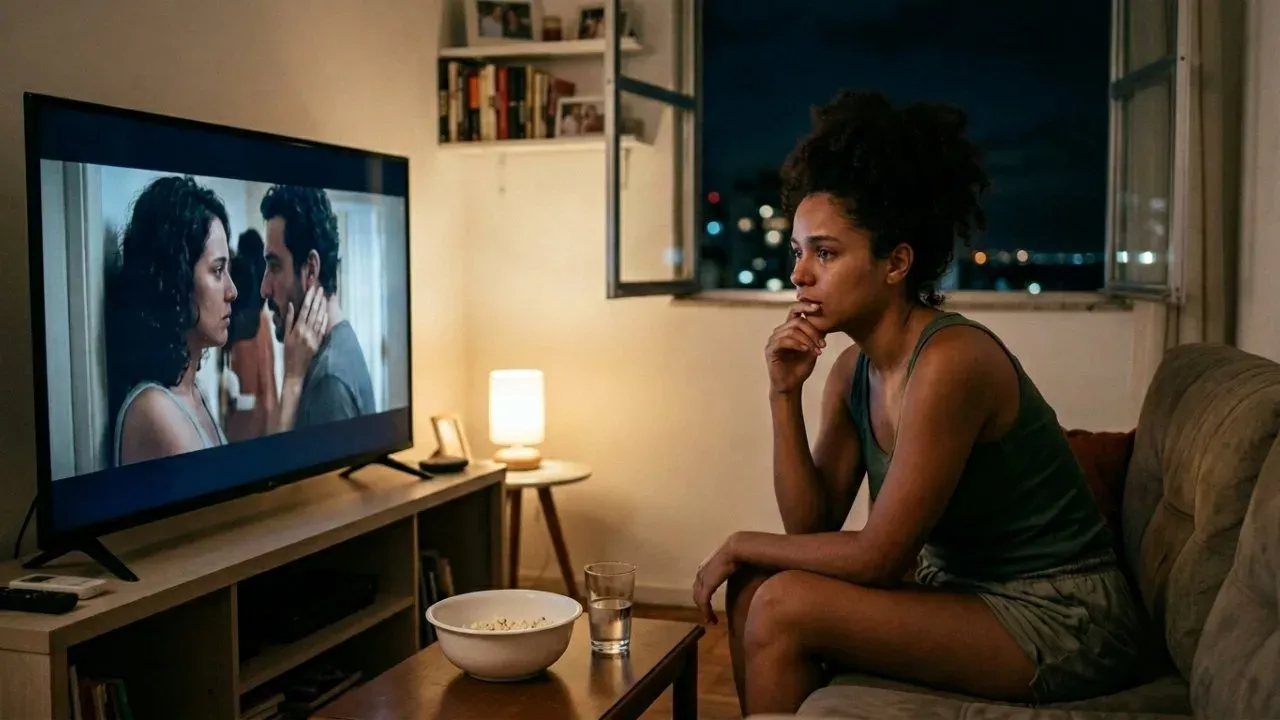 Cena de uma pessoa assistindo a um filme profundo em um ambiente aconchegante.