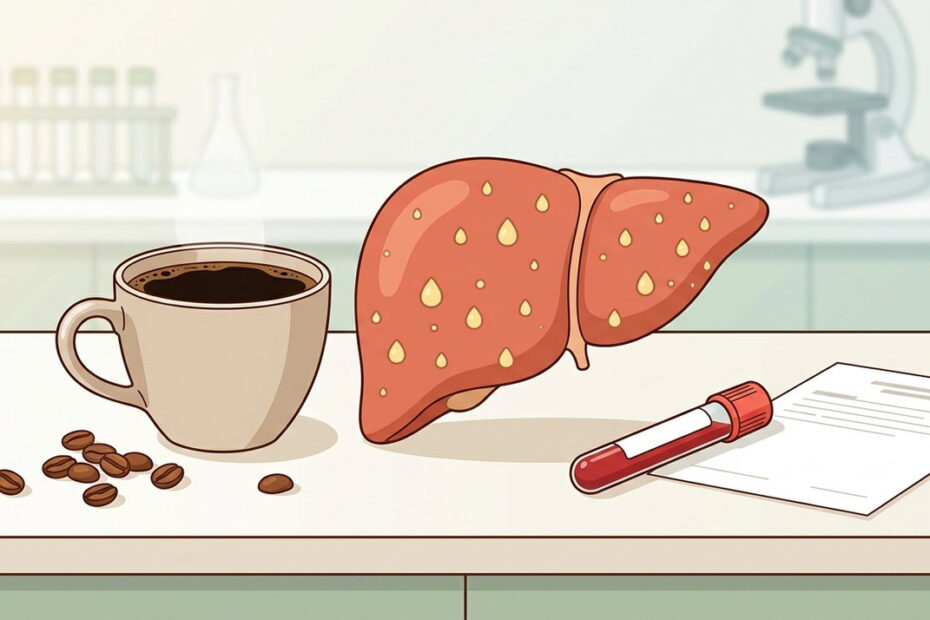 Copo de café expresso sobre mesa com livro e anotações, simbolizando estudo sobre consumo de café e saúde do fígado.